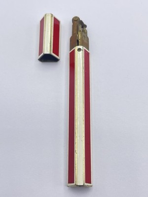 Vintage 30er Jahre dreieckiges Prisma Art Deco rot & weiß Emaille Feuerzeug