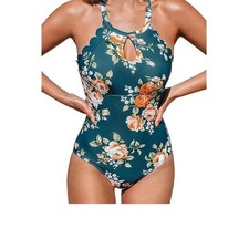 Floral Teal One Piece Swimsuit Cutout Scalloped Trim Halter Neck swim suit NWOT