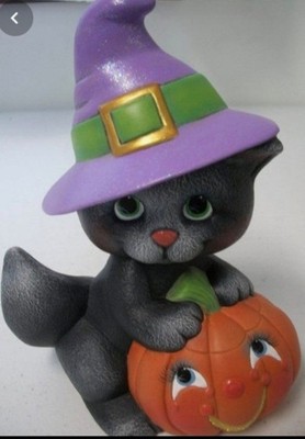 Ceramic Bisque ~ Ready to paint~ Cat Wearing Witch Hat with Pumpkin ~NO CUT OUTS