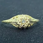 Antique Filigree .05ctw Diamond 14K Yellow Gold 925 Silver Ring Size 6.5