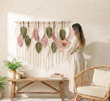 Large Macrame Wall Hanging 39"W x 29.5"L - Boho Wall Decor in Beige, Old Pink...
