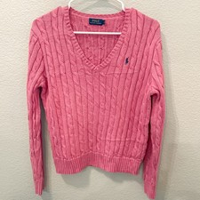 Polo Ralph Lauren Pink Cable Knit V-Neck Embroidered Logo Preppy Sweater Large