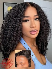 ISEE Burmese Curly Lace Front Wig, Glueless, Pre-plucked, 18 inch Natural Black
