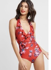 Modcloth Red Floral One Piece Plunge Neckline Tie Medium Bathing Suit