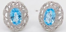 LARGE 10.07CT DIAMOND  AAA SKY BLUE TOPAZ 14KT WHITE GOLD OVAL  ROUND EARRINGS
