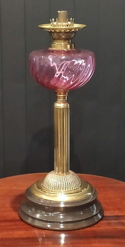 Antique Oil Lamp Duplex Burner Acid Etched Glass Shade With Glass Font - Picture 19 of 19