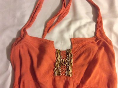 INDOMARIO ARTESENAL HANDMADE DRESS ETNIC STLYE SZ L ORANGE & IVORY HALTER 50% OF