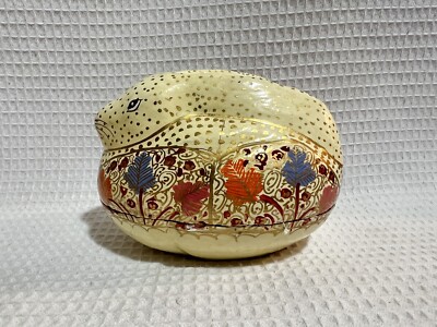 Lacquered Paper Mache-Gold Polka Dots/Colored Leaves-Rabbit Shaped Trinket Box 