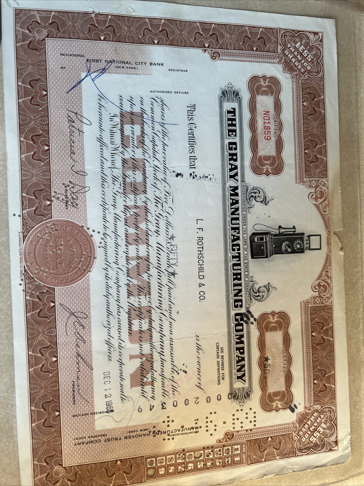 Gray Manufacturing Company Stock Certificate