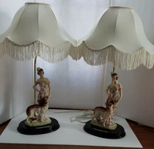 Exquisite Pair Vintage OK Collection Turn of the Century Lady with Dog Lamps