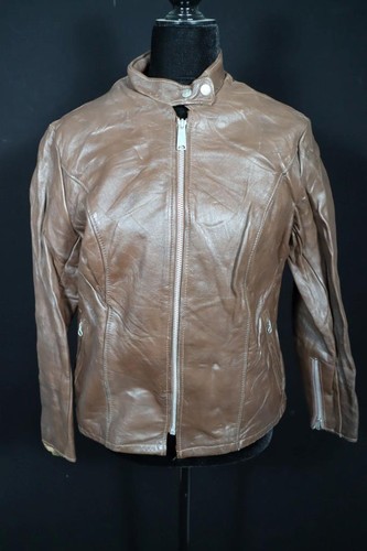 VINTAGE WOMAN'S 1980'S SCHOTT BROWN LEATHER CYCLE JACKET SIZE 14 - Afbeelding 1 van 5