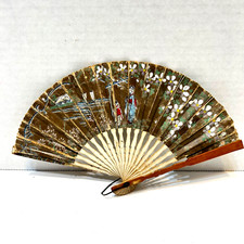 Antique Hand Painted Mini Folding Paper Wood Hand Fan Asian Design 8.5 x 5 inch