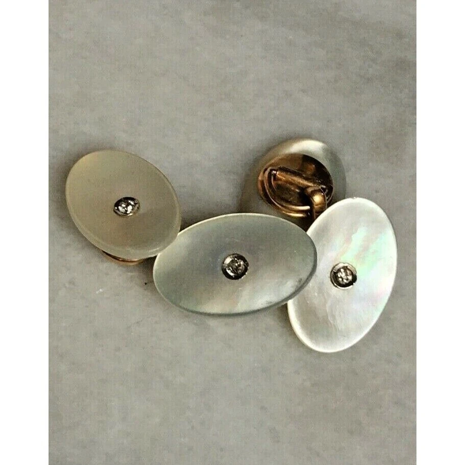 ANTIGUO GEMELOS DE ORO AMARILLO MADREPERLA Y DIAMANTE CIELO Foto 3 de 4