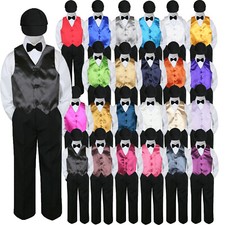23 Color Pick Vest Set Baby Boy Toddler Formal BLACK Pants Bow Tie  Hat S-7