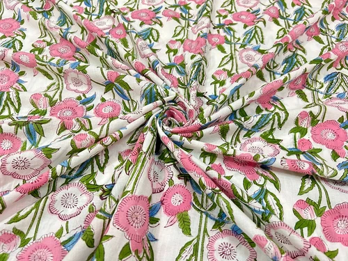 Handmade Cotton Fabric 5 Yards Floral Indian Sanganeri Block Print Sewing Craft - product listing photo
