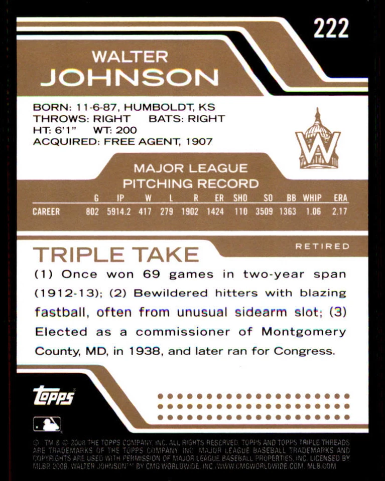 2008 Topps Triple Threads Sepia #222 Walter Johnson /525 - Image 2 of 2