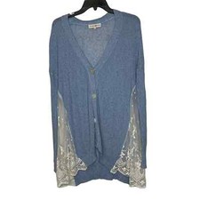 Altar'd State Cardigan Sweater Size Small Blue With White Floral Lace Sides