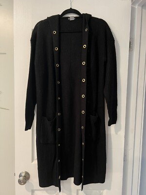 Venus Womens’s Black Hooded Grommet Detail Duster Cardigan Sweater Small 