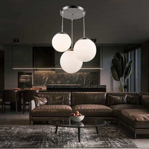 Pendellampe Hängeleuchte Glaskugel Esstischleuchte silber 3 Flammig LED H 80 cm - Bild 5 von 12