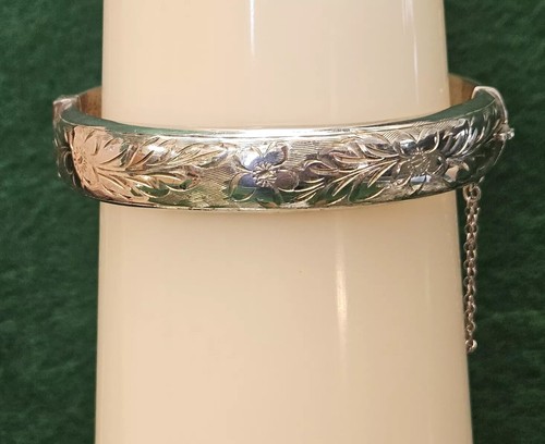 Vintage English Hallmarked Sterling Silver 925 Etched Hinged Bangle Bracelet - Picture 16 of 22