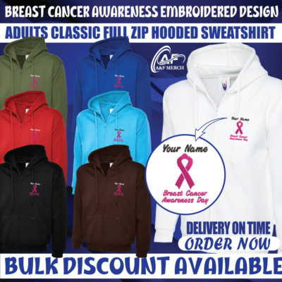 Personalised Custom Embroidered Full Zip Hoodie Breast Cancer Awareness Medical