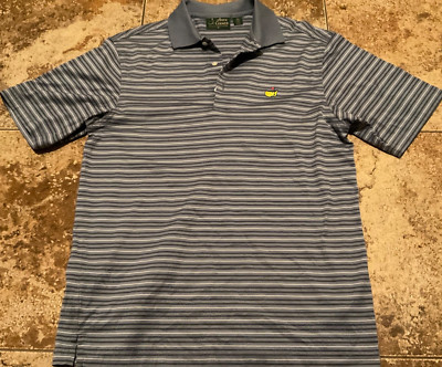 THE MASTERS AMEN CORNER GOLF POLO SHIRT ( MENS M ) BLUE STRIPE PIMA COTTON