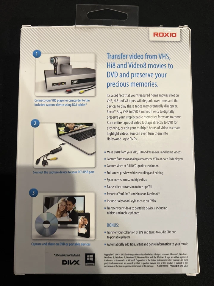 Rare ROXIO EASY 3 TRANSFER VHS TO DVD Windows 8 Compatible- Sealed BRAND NEW - Image 2 of 4