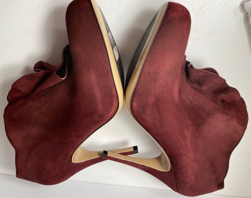 Valentino Garavani Suede Ankle Boots Heels Ruffles Burgundy 37.5/7 - Picture 12 of 13