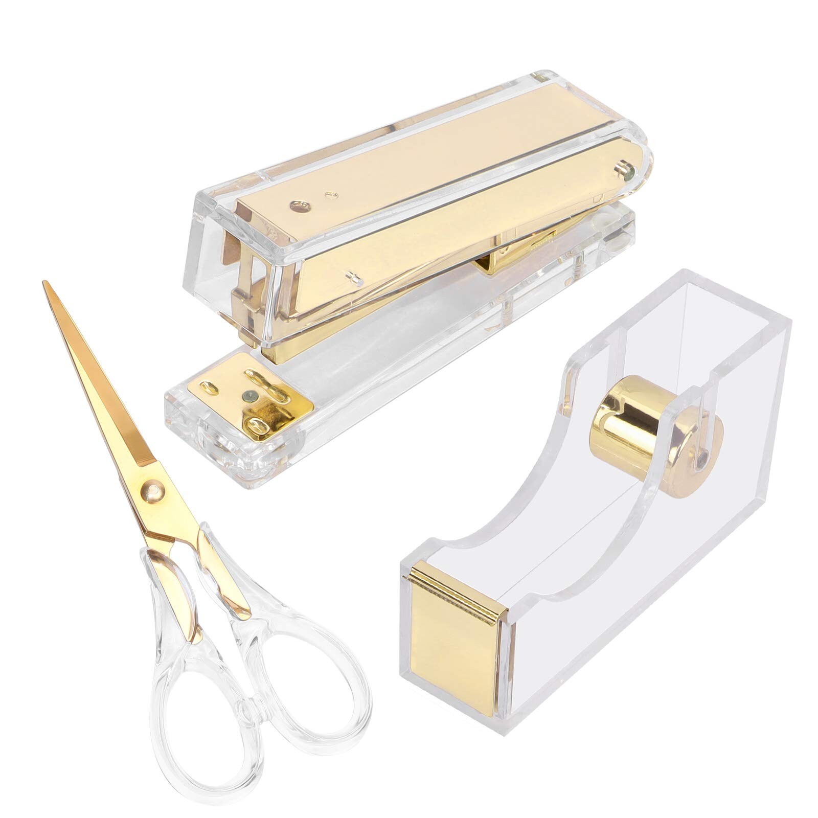 Stapler and Tape Dispenser Kit Acrylic Desk Organize Accessories Scissors Cle...-image