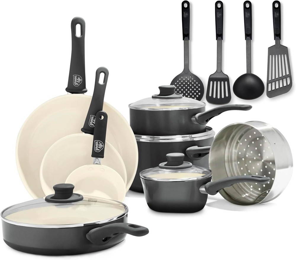 Soft Grip Healthy Ceramic Nonstick 16 Piece Kitchen Cookware Pots And Fryin...