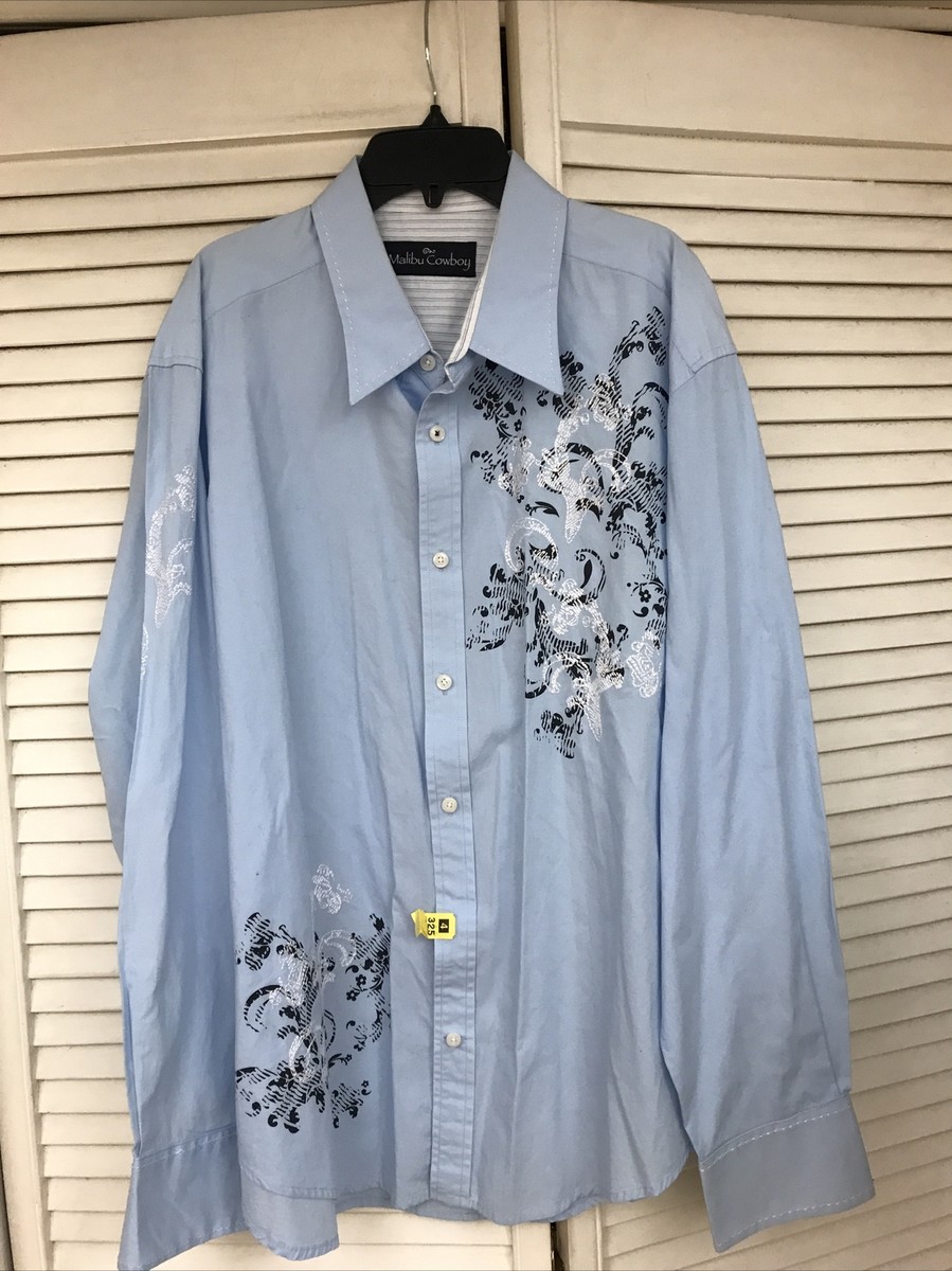 malibu blue men's dress shirts Malibu Cowboy Men's Button Down Long Sleeve Shirt Blue Western Size XL