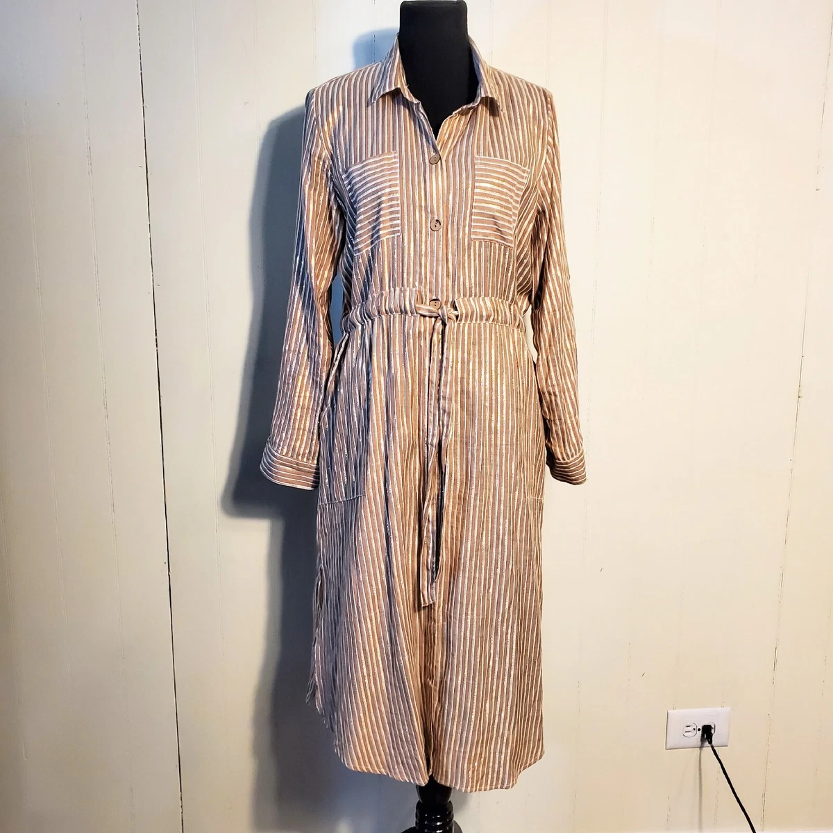 J. Gee Tan White Metallic Gold Stripe Midi Side Slits Cinch Waist