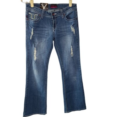 Rock Paper Sexy Womens 31 Blue Medium Wash Denim Distressed Bootcut Jeans NWT