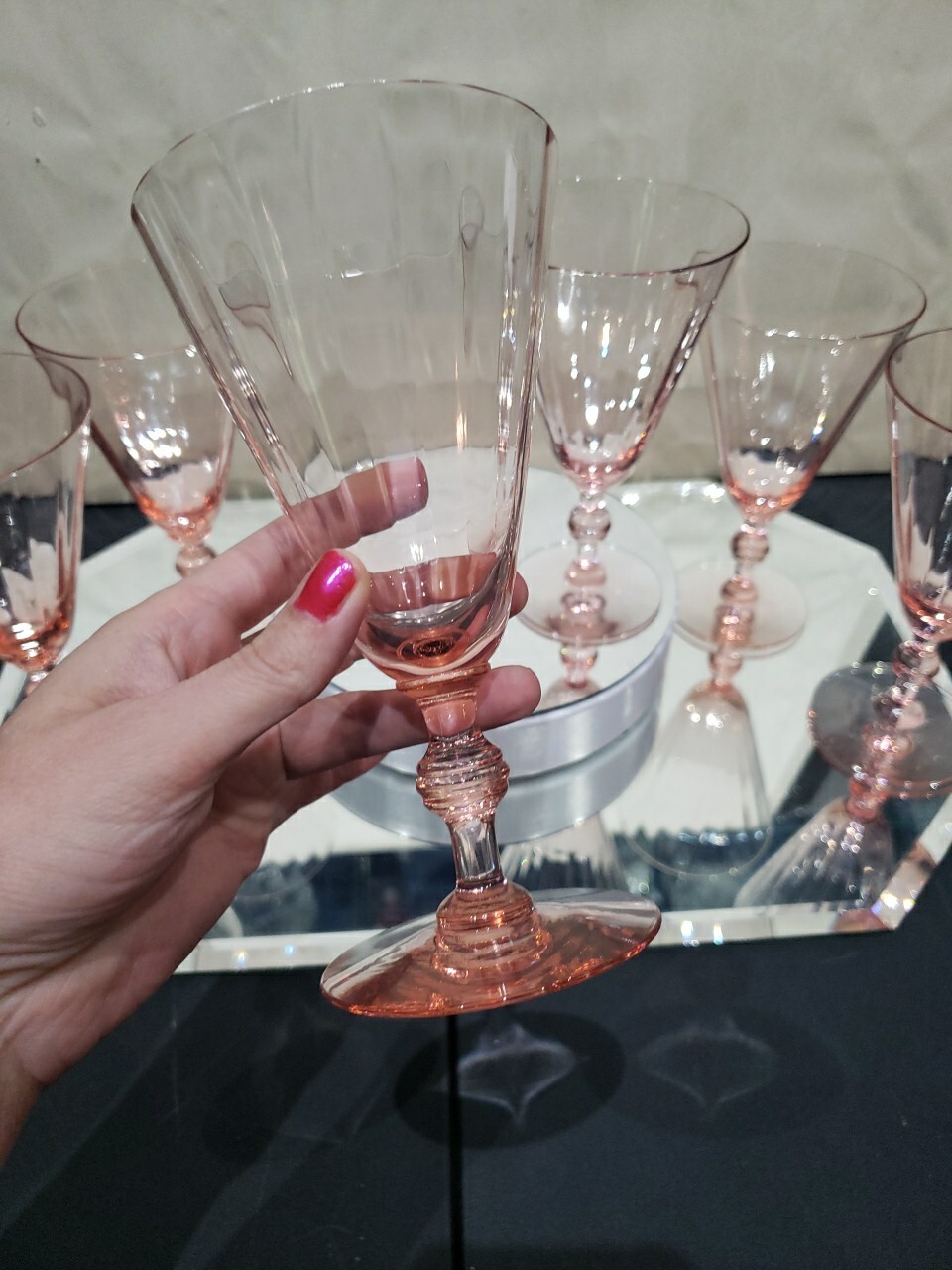 (6) Water Goblets glasses 6-5/8",  Fry co. Fry17-6 Pink Optic wafer stem 17