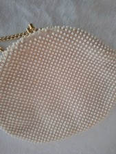 Vintage Ivory Beaded Kiss-Lock Coin Purse Clutch w/ Gold-Tone Chain