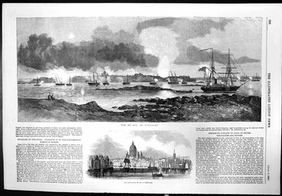 Original alter antiker Druck Angriff Sveaborg Schiffe Annäherung St Petersburg 1856