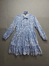 Ellen Tracy Women Shirt Dress S Blue Floral Button Up Collared Ruffle Cocktail