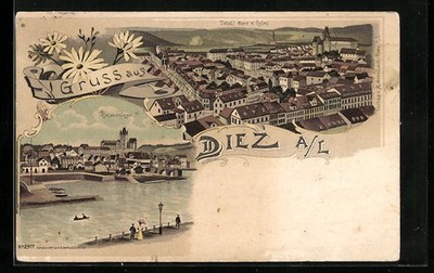 Lithographie Diez a. L., Ortsansicht, Hafenanlage 1902 