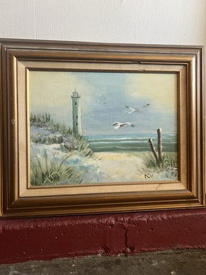 #ad Large Canvas Oil Original Painting M. Farley Seascape Lighthouse Seagulls Beach $300.00