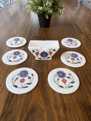 Marble Coaster Set of 6 Natural Semi Precious Stones Inlay Work Art Home Decor