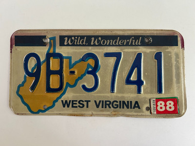 1988 West Virginia License Plate Sticker Stack on 1970s Base background fading