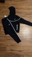 Nike Black Tracksuit Set White Trim Hooded Jacket Pants Zipper Logo Pockets
