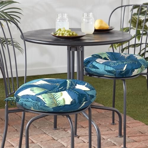 Outdoor Bistro Chair Cushion with Ties, Tufted 15"x15"x4" Swaying Palms Blue - Picture 2 of 6
