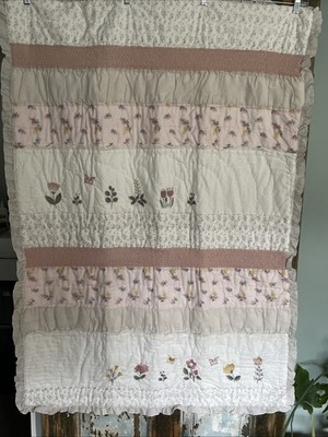 Pottery Barn Kids VERA BLOSSOM QUILT FULL/QUEEN PINK RUFFLE Floral Beige Stripes