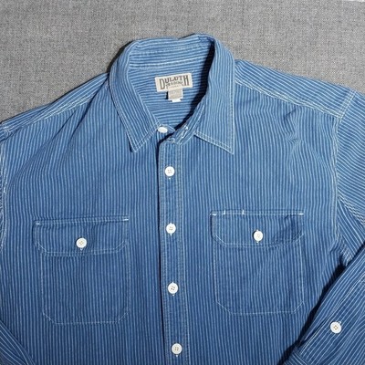 Mens Duluth Trading Heavy Cotton Button Up Long Sleeve Shirt 2XLT Blue Pinstripe