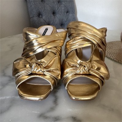 ZARA BASIC Gold Bow Strappy Open Toe Mule Heels Slip-On Faux Leather US 10