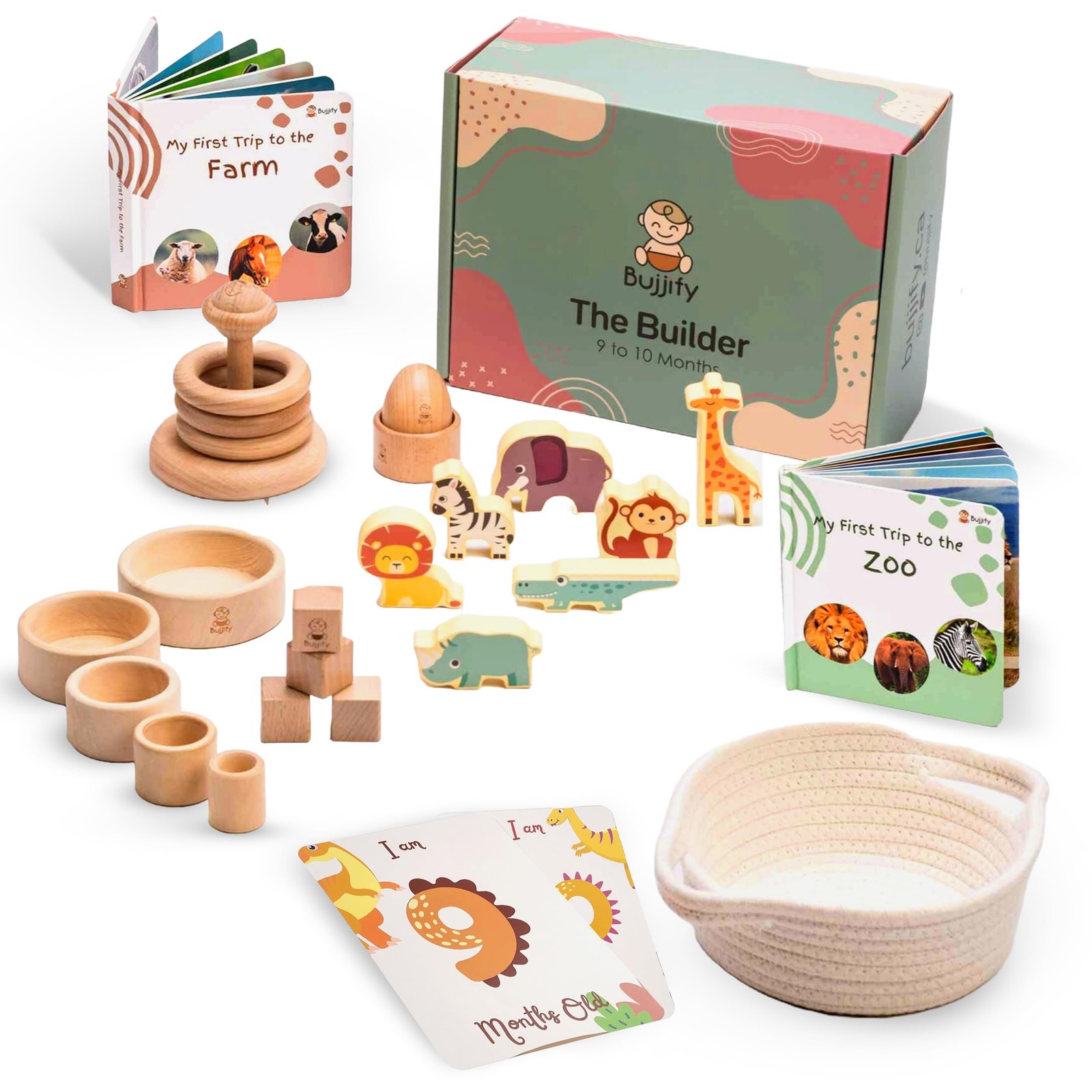 Montessori Set 9-10 Months Baby Toys - Wooden Stacking Cups, Ring Stacker, Eg...
