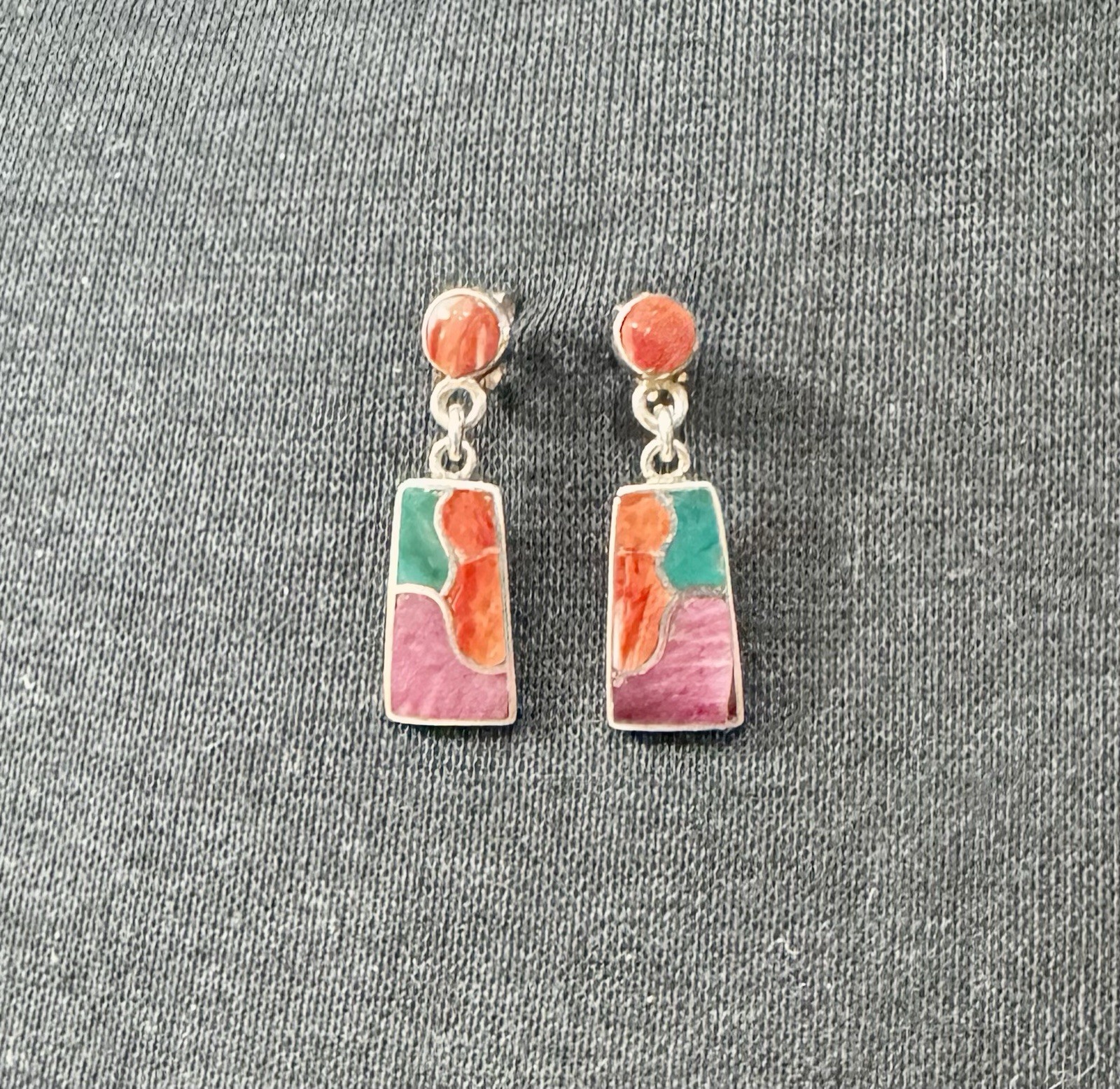 950 Silver Multi-Stone Inlay Dangle Earrings Teal… - image 3