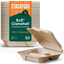 100% Compostable 8x8 Clamshell 3-Compartment -- 50 Pack, Light Brown 