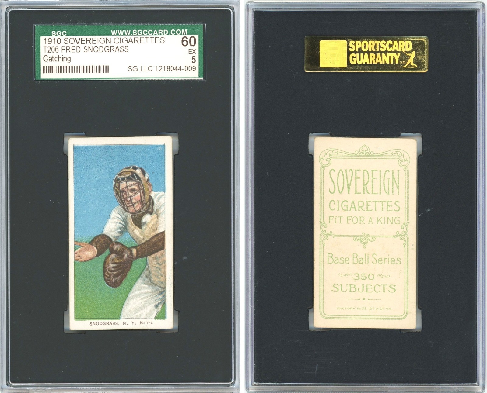 1910 T206 FRED SNODGRASS CATCHING NEW YORK SOVEREIGN 350 BACK SGC 5
